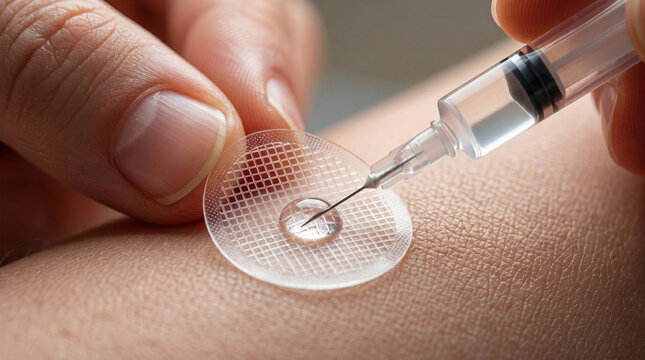Close-up view of syringe needle injecting liquid into transparent patch on human skin, medical procedure, close up of drug delivery.