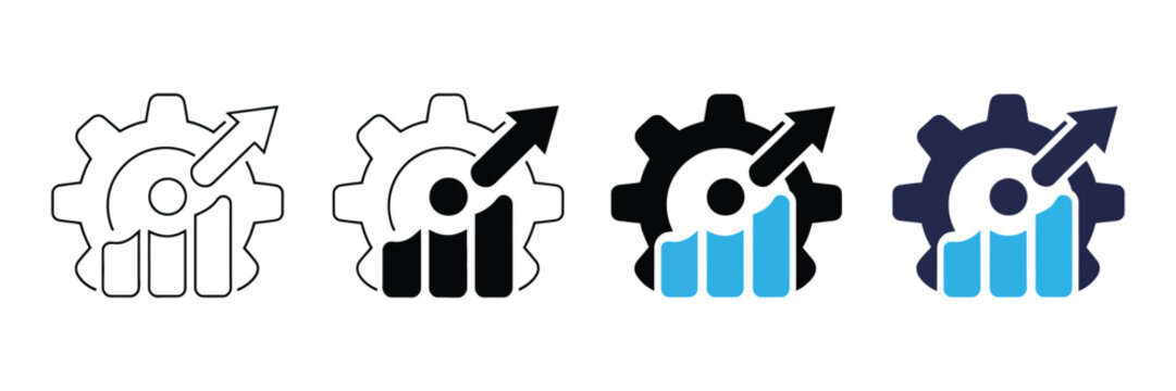 Set of four business optimization icons featuring gear symbols with growth charts and upward arrows in linear and solid styles for professional corporate analytics