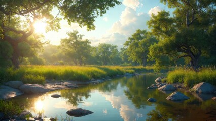 Fototapeta premium Sunlight filters through green canopy above still river
