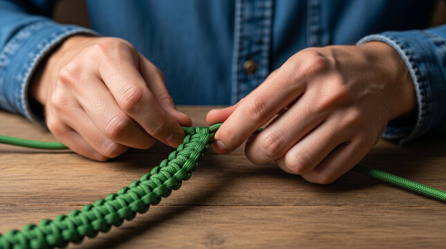 Hands of artisan weaving green paracord bracelet on wooden table surface showing detailed knotting technique of survival accessory in close up view