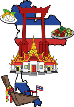Map of Thailand, Thai temples, Giant Swing, longtail boat, Thai food
