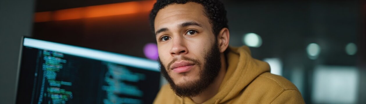 Young man developer looking at code on a monitor in a dim office for tech profile background and recruitment banner design