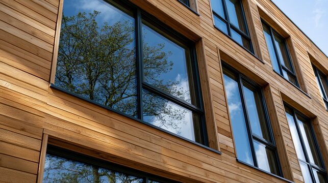 Low perspective close-up of a modern wooden building exterior with reflective windows for architectural facade background and commercial design use