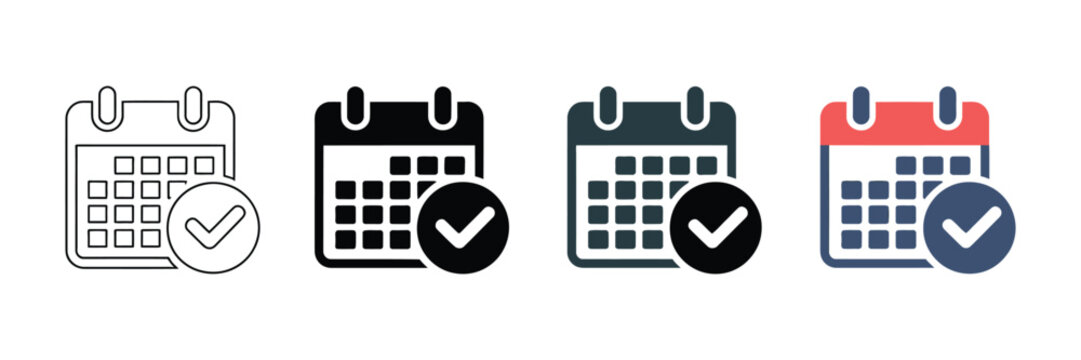 Set of calendar icons with checkmark symbols representing schedule completion and appointment planning in various graphic styles for professional web ui design