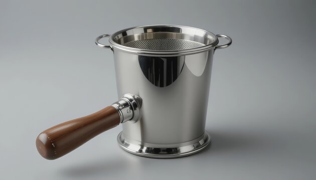 Stainless steel coffee dripper with a wooden handle and fine mesh filter, isolated on a clean background. Sleek design for manual brewing with detailed metallic texture