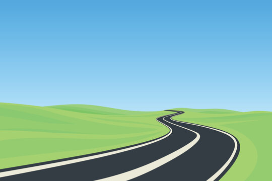 Winding Road Landscape, Cartoon Vector Illustration. Scenic Highway. Summer Countryside Square Background. Curved Asphalt Road Perspective