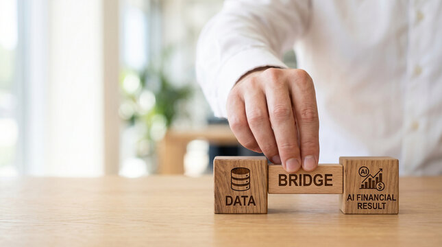 Ai agent for financial data bridge with hand and wooden blocks in office