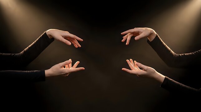 Four hands reaching toward each other on dark background with dramatic spotlight, symbolizing connection, teamwork, and partnership in business or creative concepts.