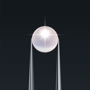 Vector Jewelry Tweezers Holding Pearl Bead on Black Background. Luxury Pearl Jewelry Banner, Elegant Pear Template for Jewelry Store, Fashion Accessory, Gemstone Design, Precious Stone Decoration