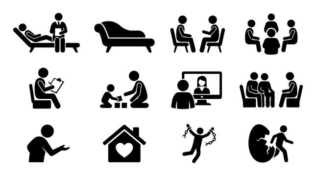 Therapy and Counseling Silhouette Icon Set &ndash; Psychotherapy, Mental Health and Support Symbols