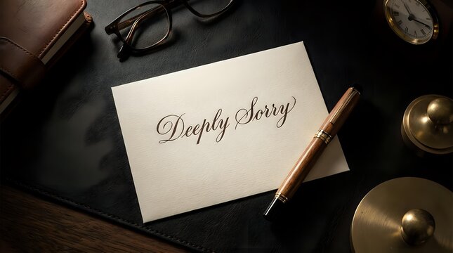 Elegant apology card with cursive Deeply Sorry text on cream paper, pen, glasses, and clock on dark desk background.