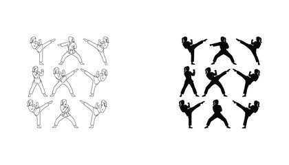 Set of martial arts icons featuring women in various karate or taekwondo poses in both outline and solid black styles for sports training and fitness © Eastern