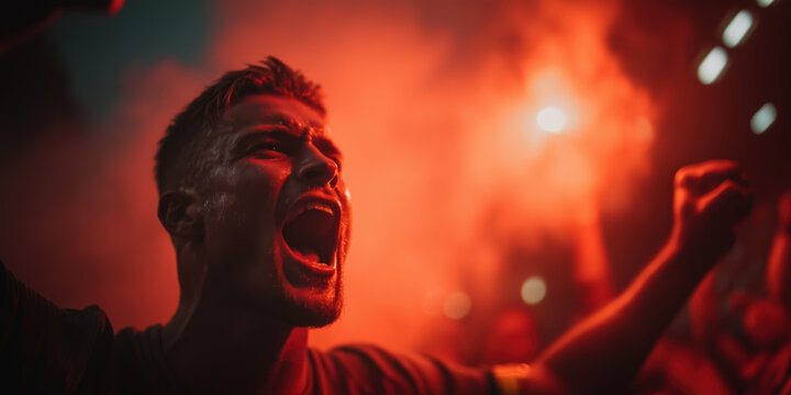 Male sports fan screaming with raised fist in red flare smoke atmosphere