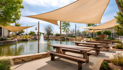 Obraz premium The outdoor picnic area features wooden tables and benches under beige shade sails, with plants surrounding a pond with fountain, creating a pleasant atmosphere for relaxation and outdoor dining.