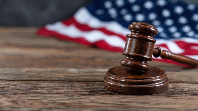 Wooden gavel and american flag backdrop for law and justice banner with courtroom theme and legal practice background design