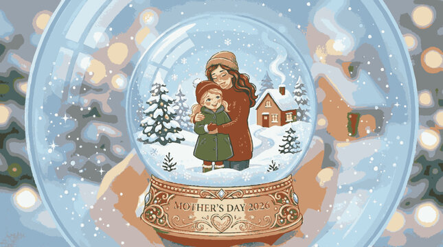 Mother and child embrace inside a whimsical snow globe with snowy trees and a cozy house in a winter landscape