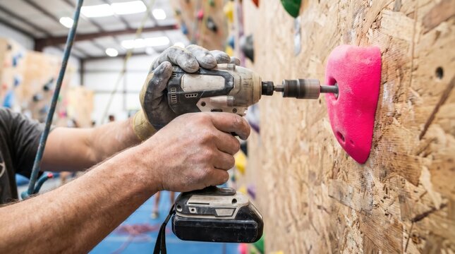 Worker using a cordless power drill to install a pink plastic climbing hold onto a wooden indoor wall