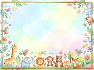 Fototapeta premium Watercolor safari animals border frame with giraffe, elephant, lion, monkey, bear and fox on pastel rainbow background for kids design.