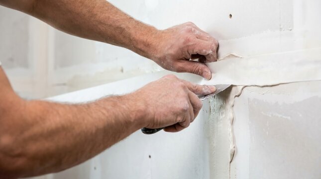Construction worker applying white paper joint tape and wet mud to a drywall seam with a metal taping knife