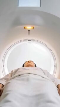Vertical video: Light activating, woman in white gown lying supine on table in gantry for MRI