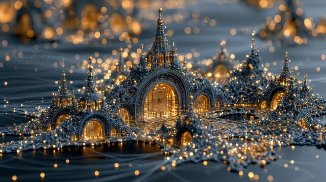 Surreal quantum processor structure floating in a cosmic void where neural networks and molecular lattices intertwine like constellations. Features golden filigree and glowing subatomic particles.