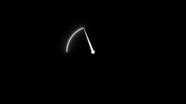 Animation of glowing speed meter needle in motion. Concept of speed. Animated speedometer meter moving animation graphic element on black background. Video 4k