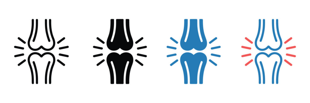 Set of knee joint pain vector icons featuring minimalist medical illustrations for orthopedic health care and anatomy clinic signage design concepts on white