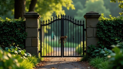 Fototapeta premium A metal gate with a dog sitting in the middle