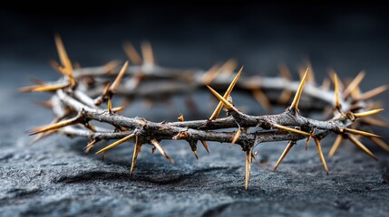 Fototapeta premium Detailed close up crown of thorns resting on dark stone for religious symbolism and easter or good friday banner and spiritual design