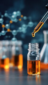 Laboratory pipette dropping amber liquid into a vial for scientific research background and chemistry poster design for experiment and analysis