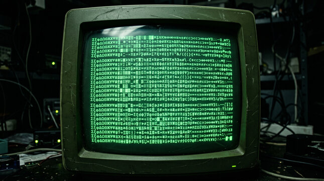 Vintage crt computer monitor displaying green monochrome scrolling code text in dark room setting with computer terminal programming technology electronic hardware computing software developer