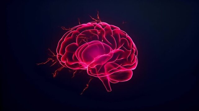 A high-tech 3D animation of the human brain featuring intense red electrical sparks and pulses, representing high-speed cognitive processing, bursts of inspiration, and neural activity