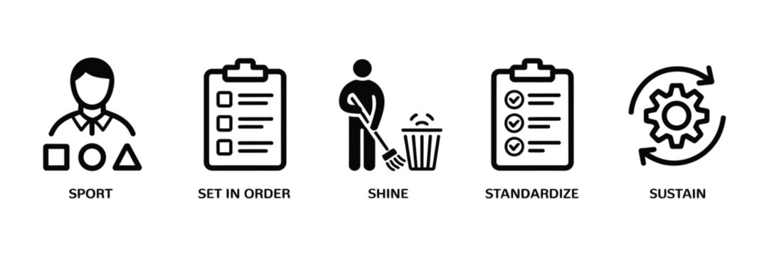 5s methodology lean manufacturing process icons set featuring sort set in order shine standardize and sustain concept symbols for industrial workflow efficiency