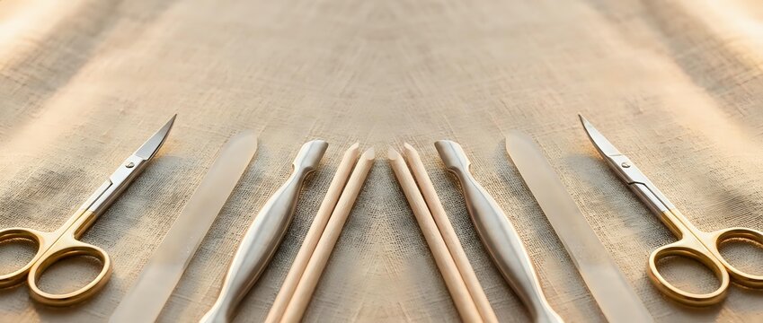 Surgical and dissection tools arranged symmetrically on burlap fabric, including scissors, scalpels, and probes with copy space.