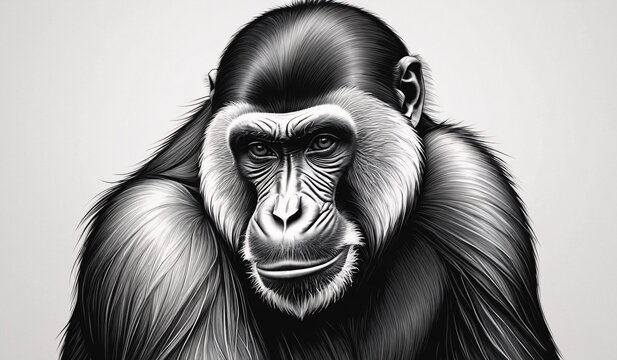 Black and white coloring book page, An adult male mandrill  