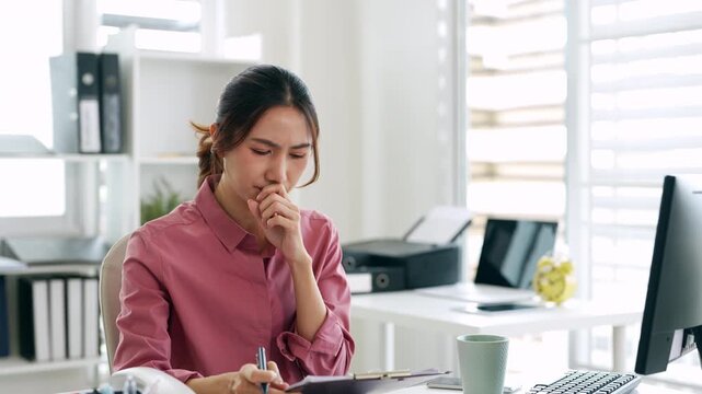 Cough, sore throat . sick business woman having sore throat, coughing or choking with sickness or flu .
