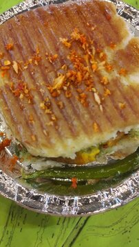 Spiced Grilled Sandwich (Dabeli/Vada Pav Style) with Green Chilies