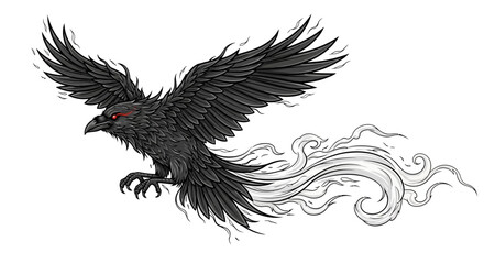 Naklejka premium Dynamic black raven with mystical tail and red eyes mid-flight