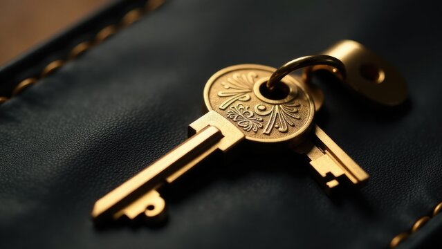 A group of keys sitting on top of a black bag, great for use in a scene with a mystery or detective theme