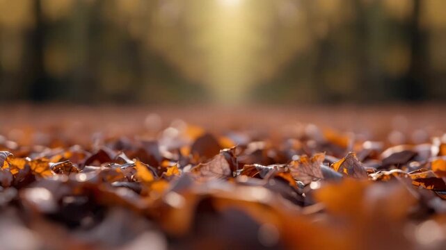 Autumn leaves on forest floor carpet glowing with warm sunlight and soft bokeh