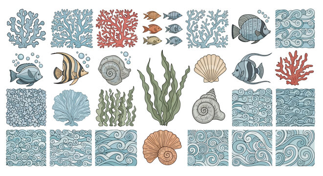 Elegant marine life and ocean patterns in vintage style illustration