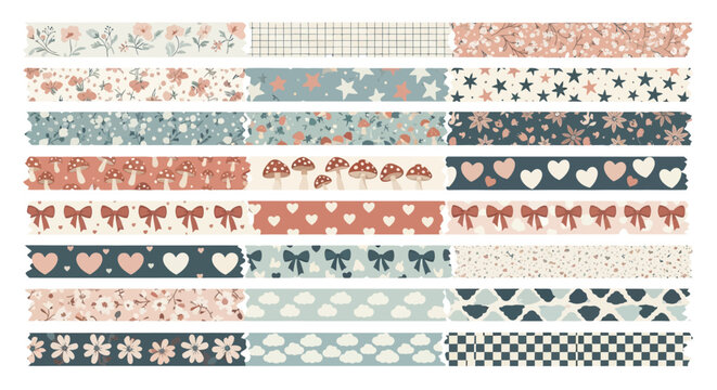 Vintage floral and geometric pattern tape collection with hearts and stars
