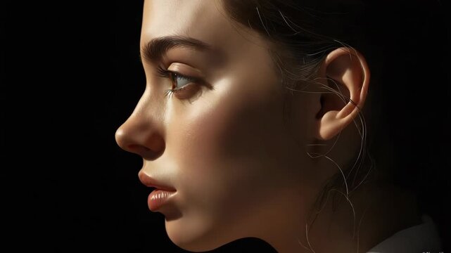Young woman profile portrait with dramatic side lighting soft warm mood and serene expression