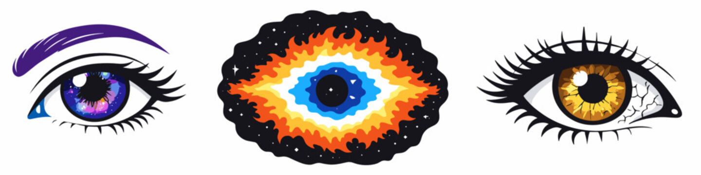 A set of three oval-shaped stylized eyes on transparent background: purple iris, fiery lava eye, and amber detailed eye. Perfect for tattoo or sticker collection.