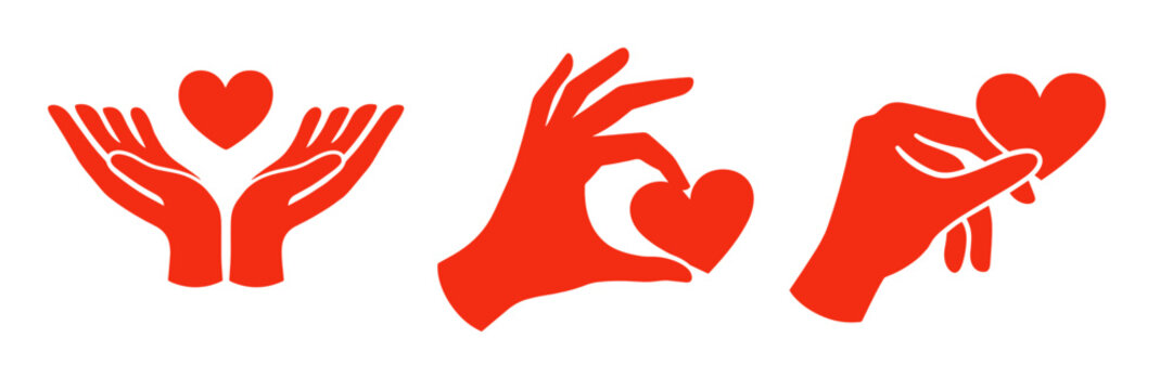 Three red silhouette hand gestures featuring cupped hands with heart, finger heart, and pinch holding heart icons on transparent background. Concept of love.