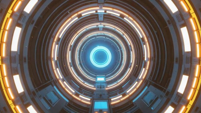 Futuristic circular engine chamber glowing blue core with orange rings and warm neon lights