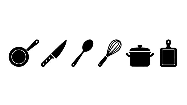 Collection of essential kitchen tools and cookware in a simple illustration.