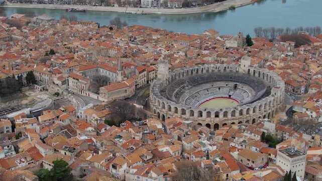 Aerial view of the old town of the city Arles on a sunny summer morning in France.