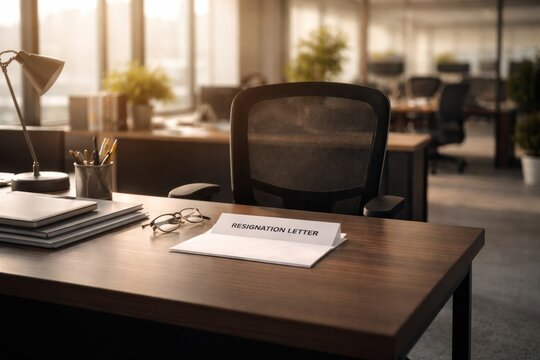 A resignation letter rests on a desk in an office with a chair and supplies, while sunlight streams through the windows in the afternoon.