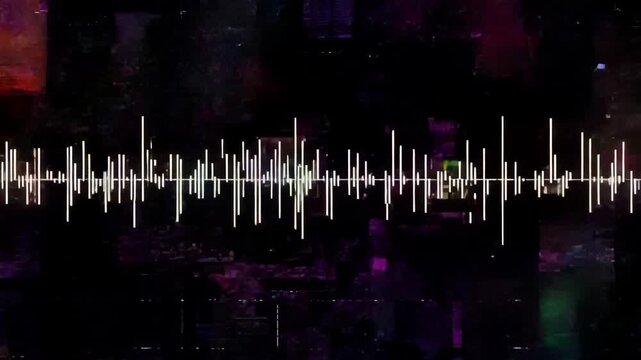 Abstract Soundwave Glitch Art: Vibrant Purple and Teal Digital Audio Visualization